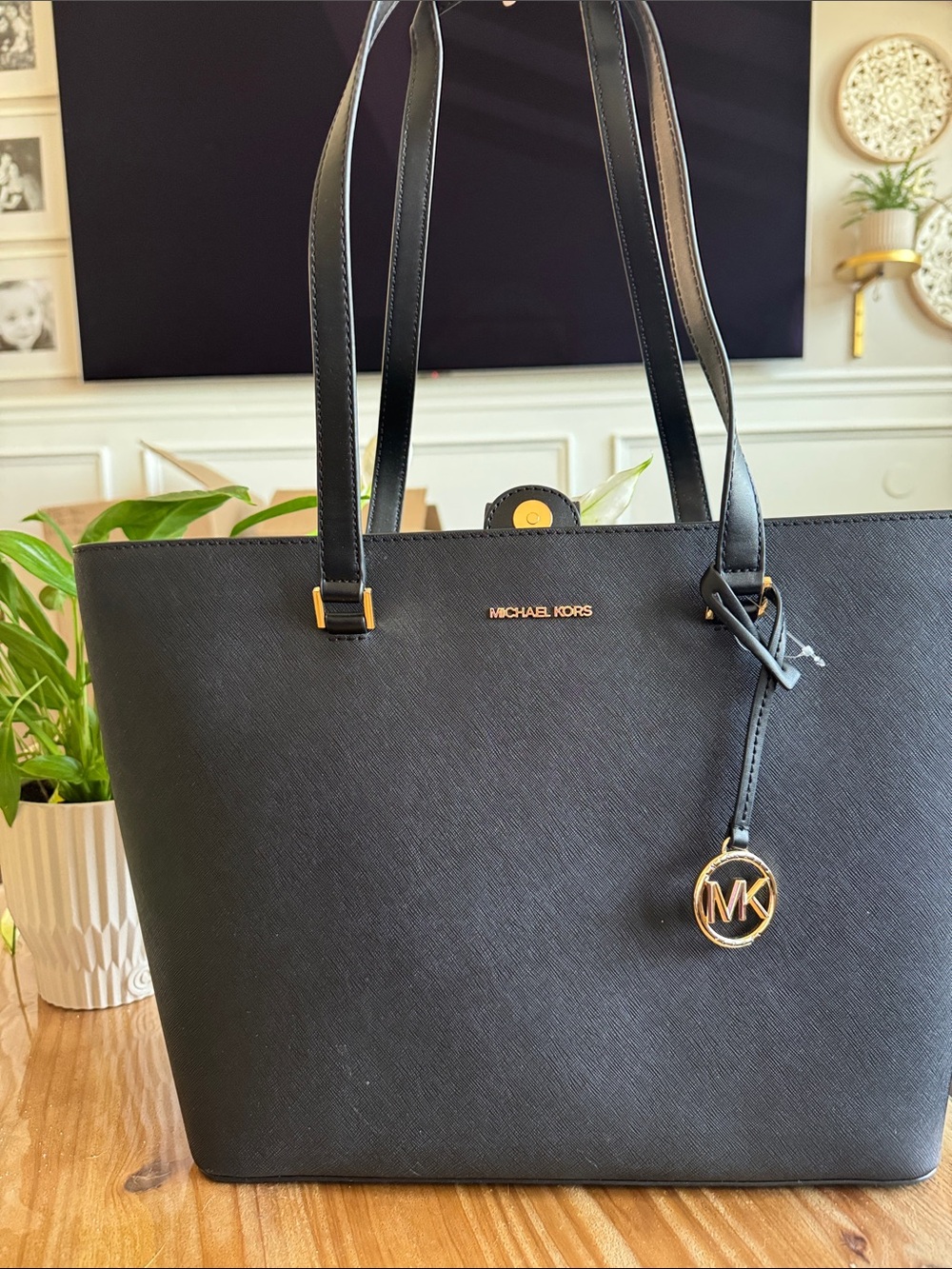 Michael Kors Black Saffiano Tote with Gold Logo Charm